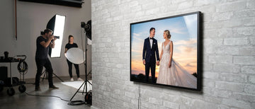 Backlit acrylic light box with a wedding portrait, photographed in Prime Light Boxes' studio