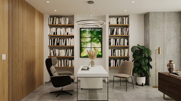 Faux window LED light box with a forest scene poster in a modern home office