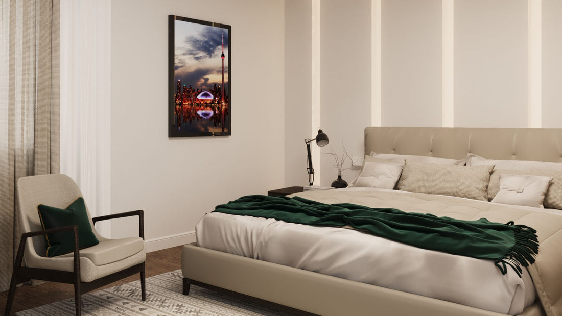 Faux window LED light box above the bed in a modern bedroom
