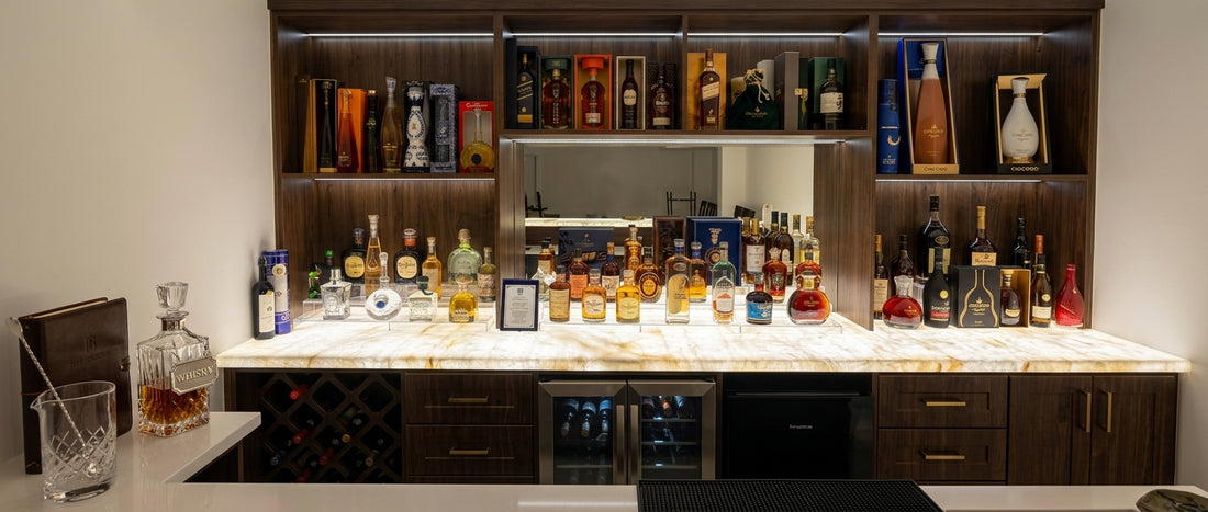 Flexible LED sheet backlighting a Onyx backsplash in a modern kitchen