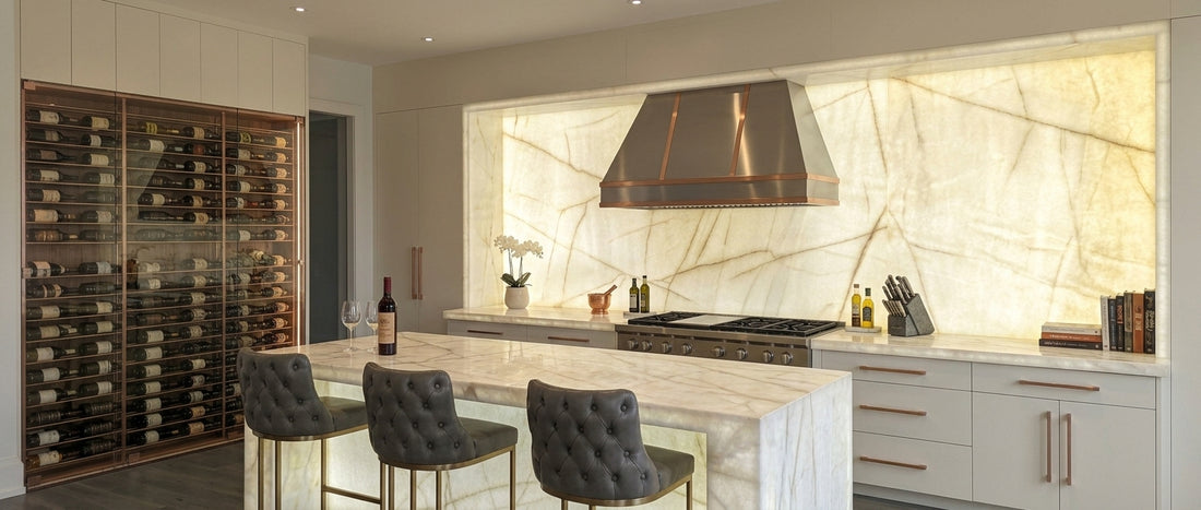Flexible LED sheet backlighting a Onyx backsplash in a modern kitchen