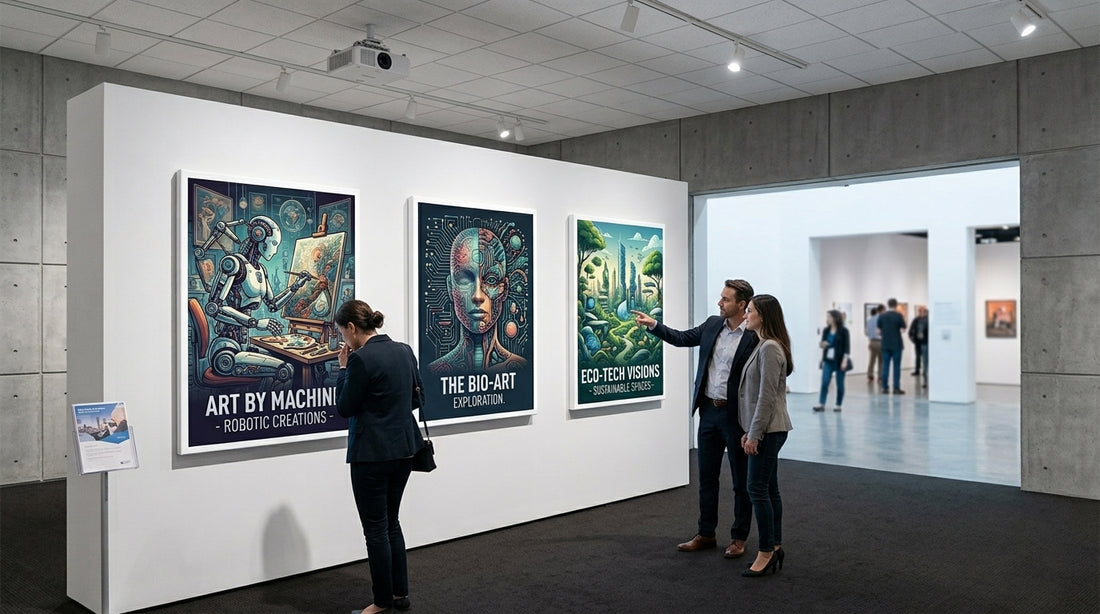 LED snap frame light boxes displaying framed artwork in a gallery setting