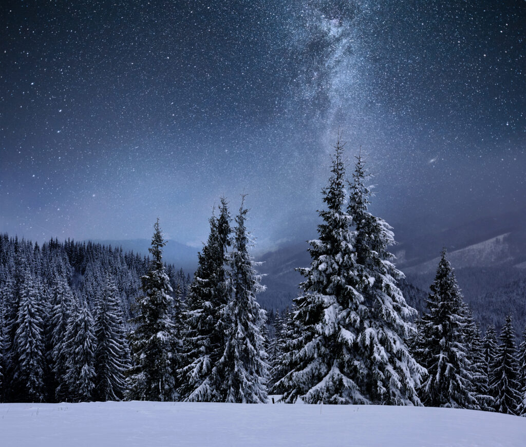 Forest on a mountain ridge covered with snow. Milky way in a starry sky. Excellent view for a Faux Window.